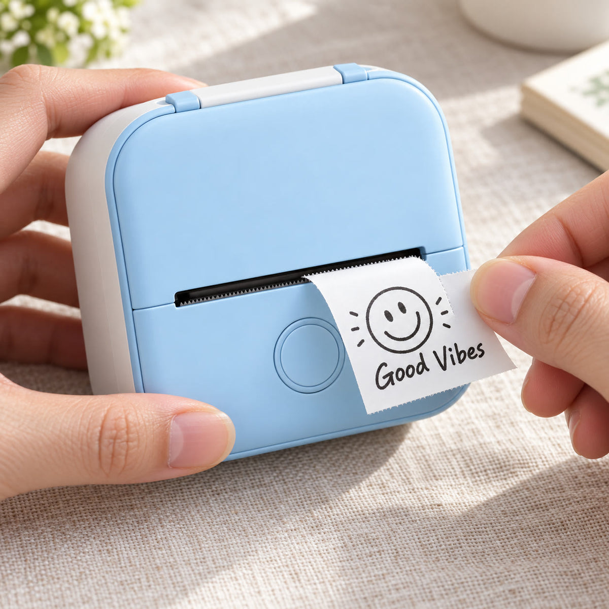 Blue Dandelo mini printer printing a "Good Vibes" sticker