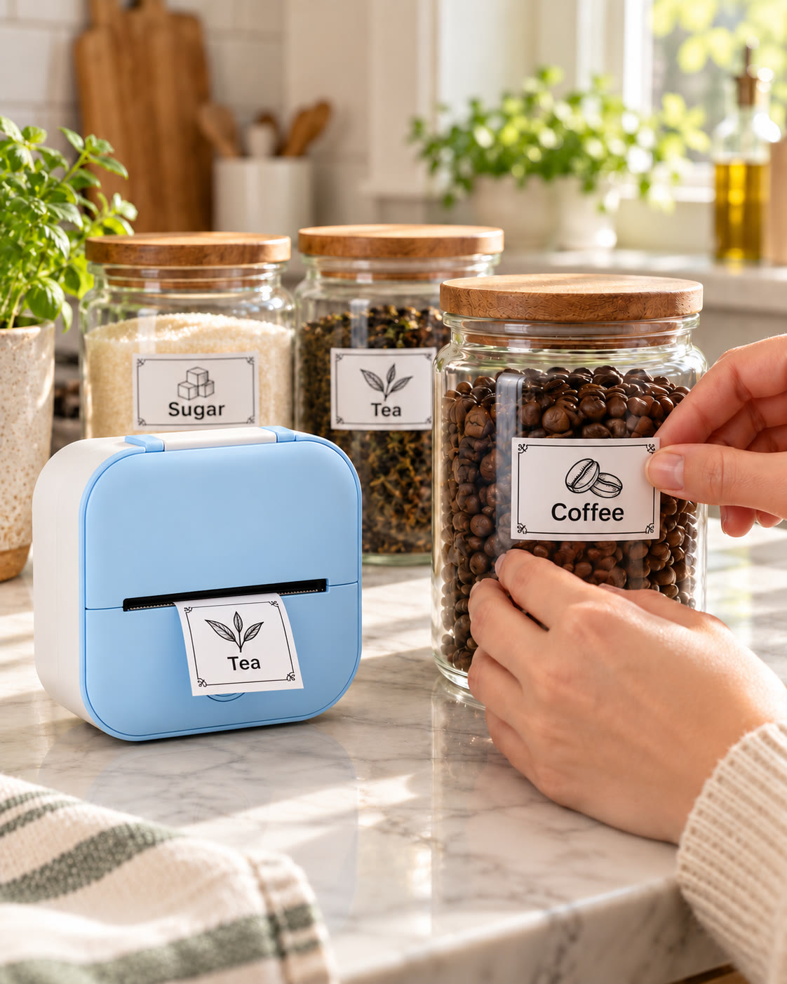 Pantry jars labeled with stickers printed on the Dandelo mini printer