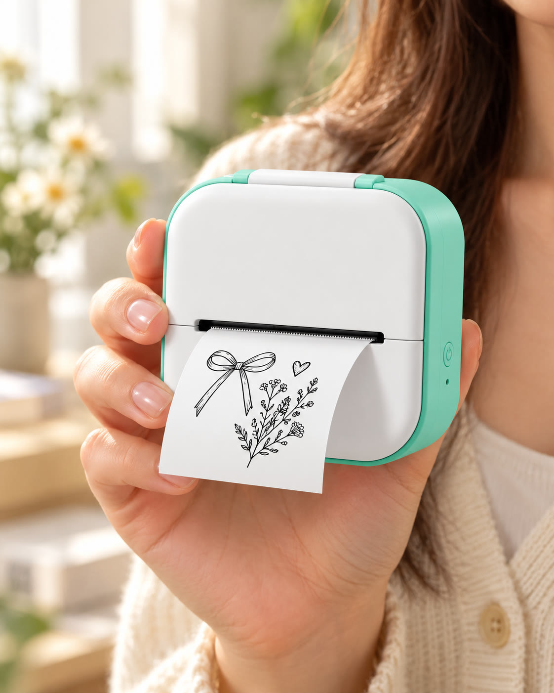 Dandelo mini printer in mint printing a bow and flower drawing, held in hand