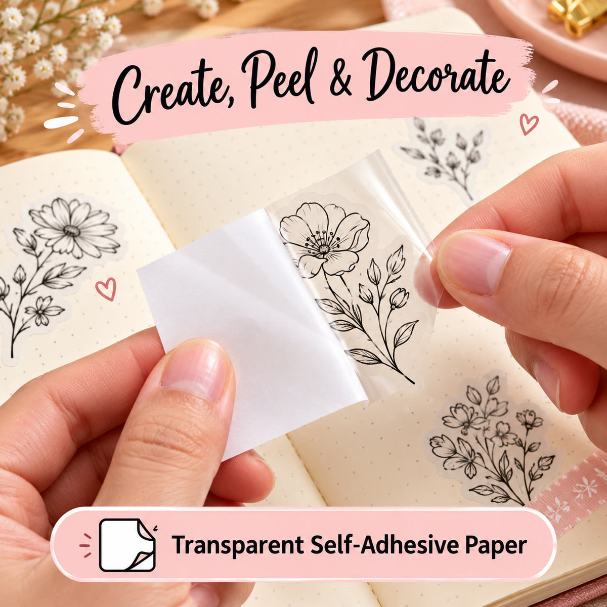 Clear sticker paper: transparent self-adhesive print being peeled