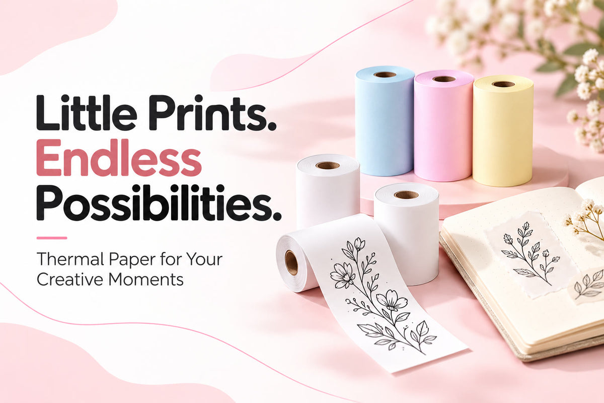Thermal paper rolls in white and pastel colors for the Dandelo mini printer